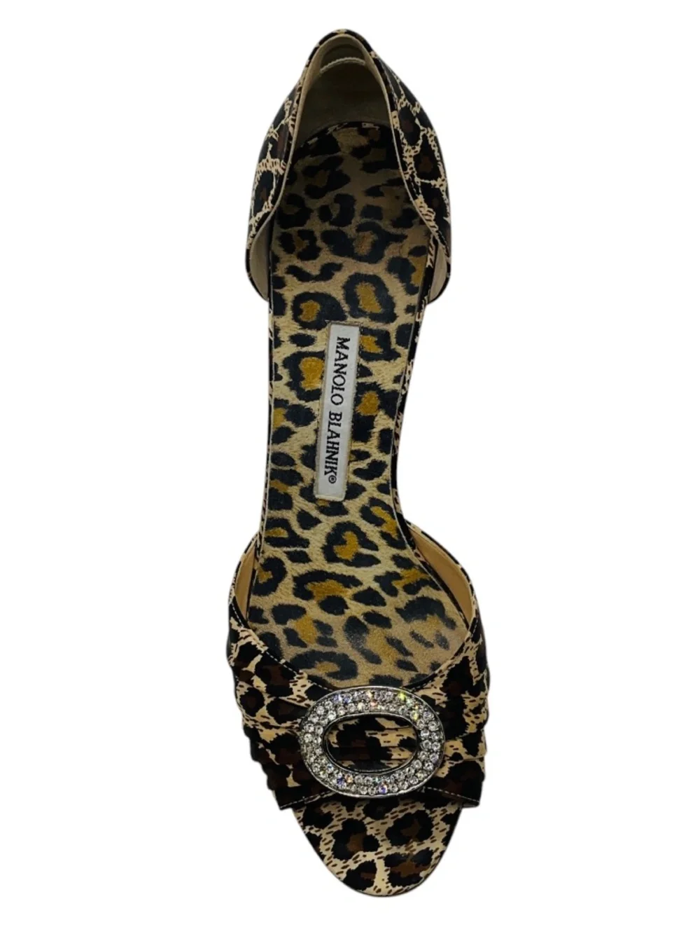 Manolo Blahnik Tan / Brown / Black Sedaraby Leopard Satin Crystal Buckle Peep To
